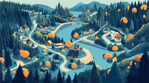 Scenic Camp and River Landscape Vector Illustration