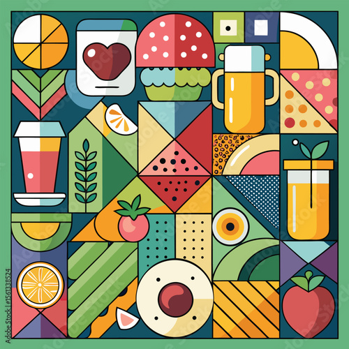 Abstract geometric pattern of farm food. Stylized poster with fruit and vegetables. Agriculture plants in cubism style. Contemporary art of healthy, natural, organic products. Flat vector illustration