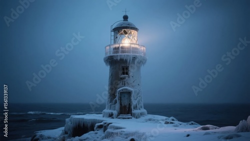 Snow-covered lighthouse emitting a warm glow against a cold, misty sea backdrop