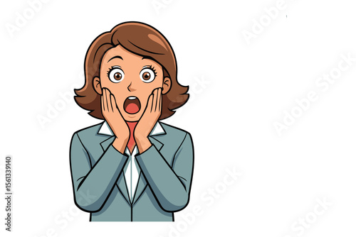 Shocked Businesswoman: A cartoon illustration of a businesswoman with a surprised expression, hands covering her mouth in shock.