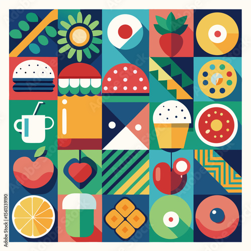 Abstract geometric pattern of farm food. Stylized poster with fruit and vegetables. Agriculture plants in cubism style. Contemporary art of healthy, natural, organic products. Flat vector illustration