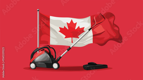 Canadian flag being cleaned with a vacuum by character vector illustration