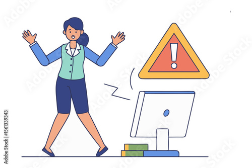 Digital Hazard: A bewildered individual faces a computer-related issue, symbolized by an alert sign, highlighting potential dangers.