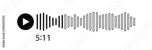 Music player soundbar. Audio speech spectrum noise with play button. Mobile messenger app chat. Sound wave of voice. Record interface. Equalizer icon with soundwave line. Vector illustration.
