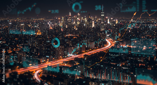 Wallpaper Mural Nighttime cityscape view of a sprawling metropolis with illuminated skyscrapers busy highways and digital data overlays showing analytics and trends Torontodigital.ca