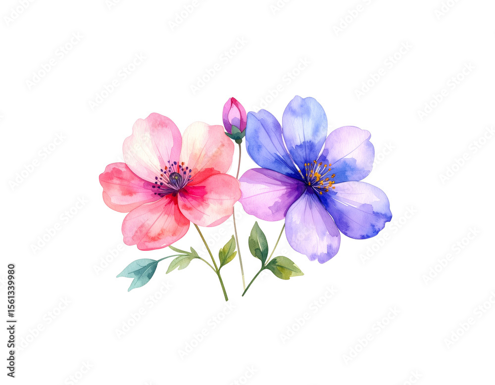 Obraz premium Blue and pink spring flowers with butterflies on white background