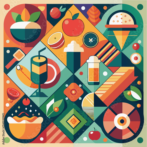 Abstract geometric pattern of farm food. Stylized poster with fruit and vegetables. Agriculture plants in cubism style. Contemporary art of healthy, natural, organic products. Flat vector illustration
