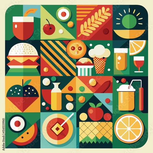 Abstract geometric pattern of farm food. Stylized poster with fruit and vegetables. Agriculture plants in cubism style. Contemporary art of healthy, natural, organic products. Flat vector illustration