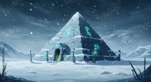 Enigmatic winter pyramid with glowing runes nestled in a snowy mountain landscape