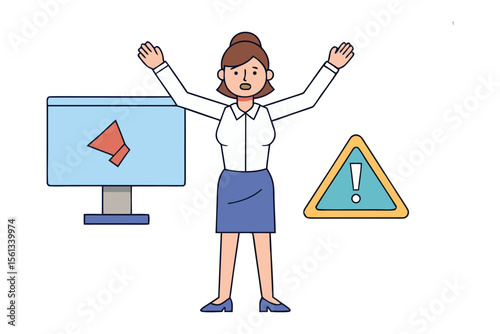 Alerting Promotion: A female professional issues a warning, her posture emphasizing a risk alert. Accompanied by digital media elements like monitor and an exclamation mark.