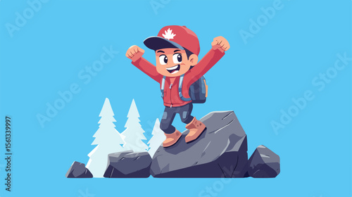 Strong Canada Cartoon Character Lifting Rock - Vector Illustration