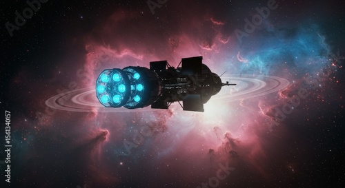 Futuristic spacecraft traversing a vibrant nebula with a planetary ring system in outer space