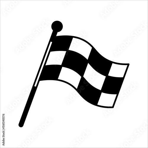 Flag icon. Racing sign. Checkered racing flag. Checkered racing flag on flagpole. Black and white flag. Vector illustration. Finish sign, start sign. Racing symbol. Competition symbol. Game icon.