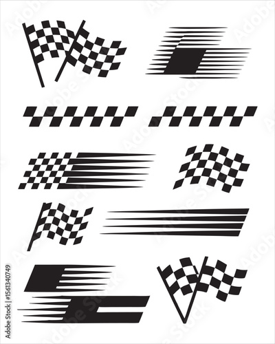 Dynamic Racing Graphics A Collection of Checkered Flags and Speed Lines Depicting Motion and Victory in Motorsports Competitions