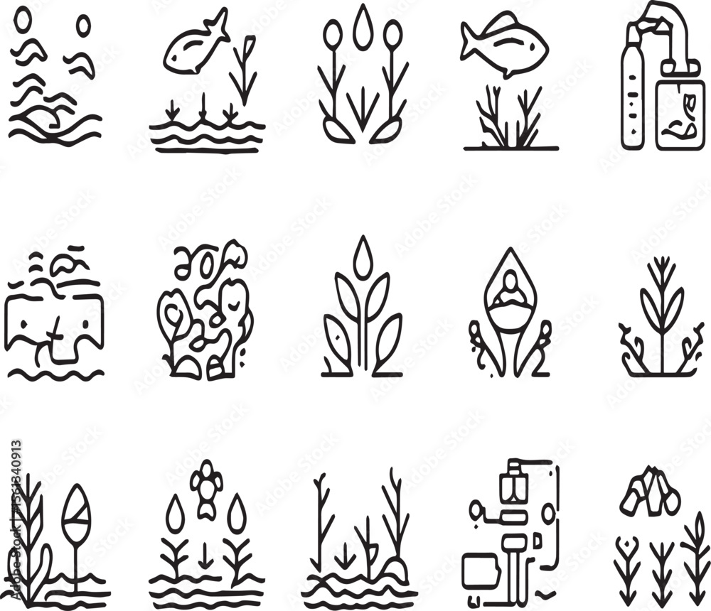 Fototapeta premium Collection of white square icons featuring nature elements and scientific illustrations in black lines