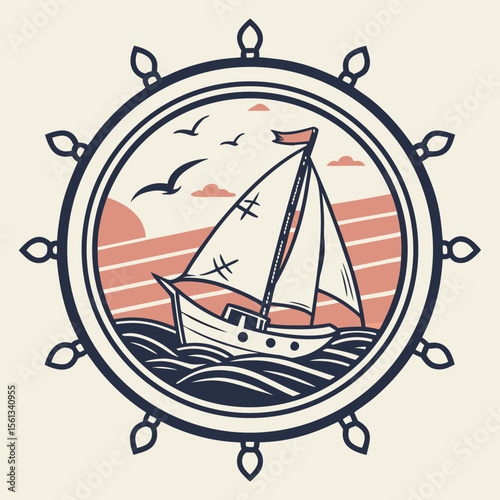 Vintage sailboat sailing on the ocean under a sunset sky and seagulls