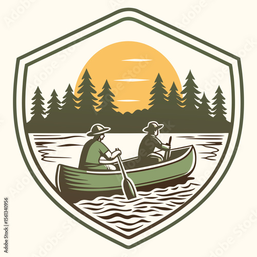 Two people canoeing on a lake with a forest and sun in the background
