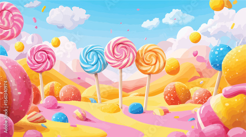 Colorful Candy Land with Lollipops and Caramels Vector Illustration