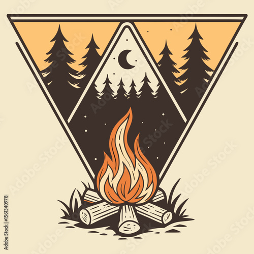 Campfire in the forest under the moon and stars with a triangular frame