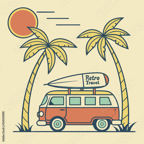Retro van with surfboard on roof under palm trees and sun
