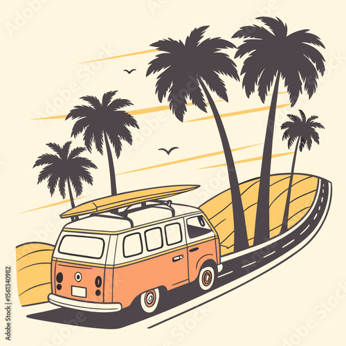 Retro orange camper van with surfboard on roof driving on coastal road with palm trees