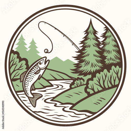 Leaping trout caught on fishing line in a scenic river landscape
