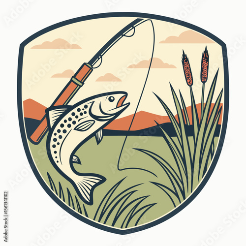 Vintage fishing emblem featuring a leaping trout and cattails in a scenic landscape