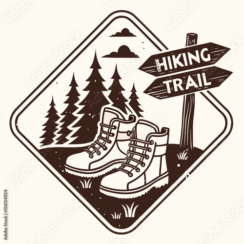 Hiking boots and trail sign in a forest with pine trees and clouds