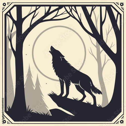 Silhouette of a wolf howling at the moon in a stylized forest