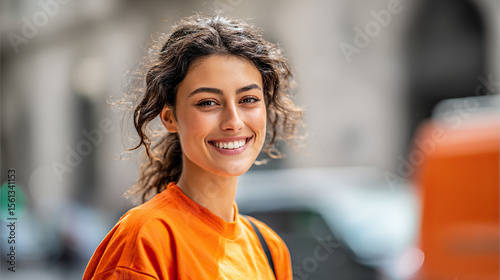 Smiling delivery professional in orange, exuding warmth and approachability, embodying reliable service with a personal touch.