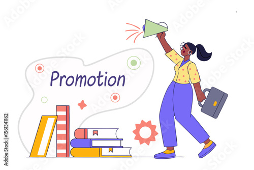 Woman Announcing Promotion: A vibrant illustration of a woman enthusiastically announcing a promotion, using a megaphone, with books symbolizing education and knowledge nearby.
