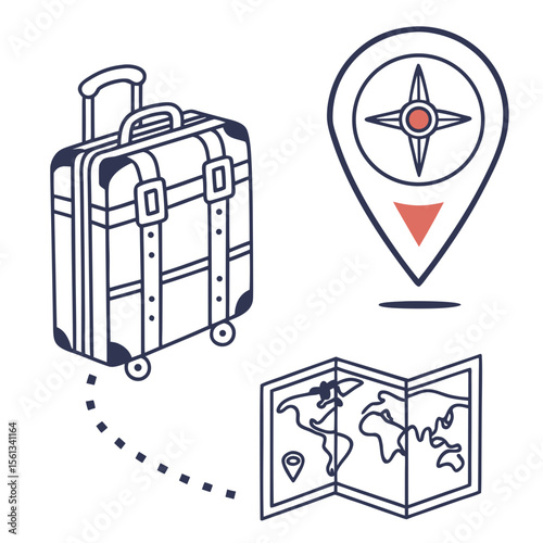 Travel suitcase with map and compass location pin symbolizing journey and destination planning