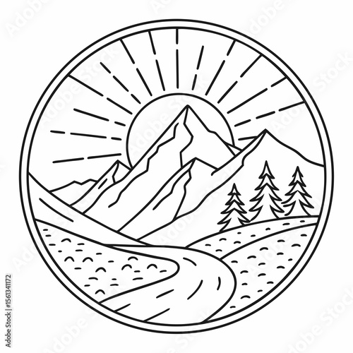Circular line art landscape with sun rising over mountains and winding road