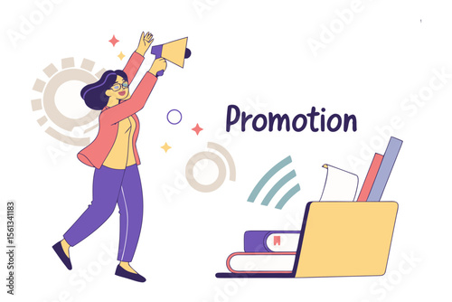 Promotion Announcement: A joyful woman announces a promotion, using a megaphone, symbolizing the excitement and success of a new opportunity.
