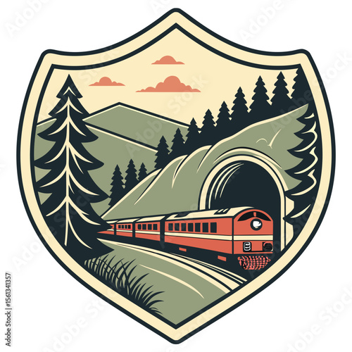 Vintage train emerging from a tunnel in a mountainous forest landscape