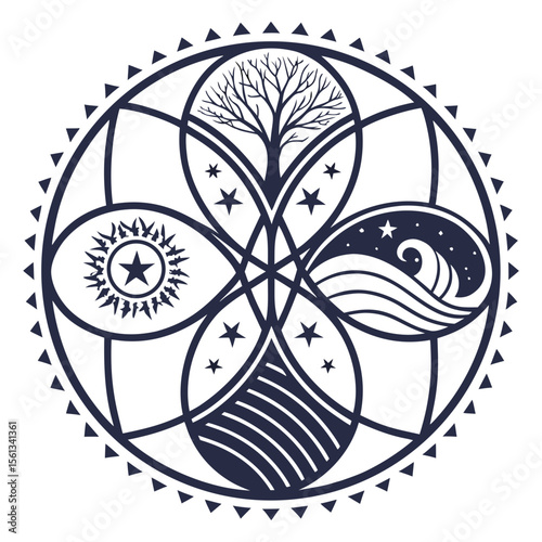 Circular mandala design representing the four elements earth air fire and water