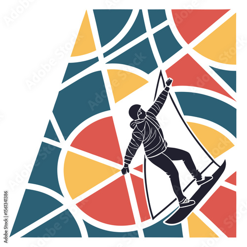 Illustration of a snowboarder against a colorful geometric background with red yellow and blue segments