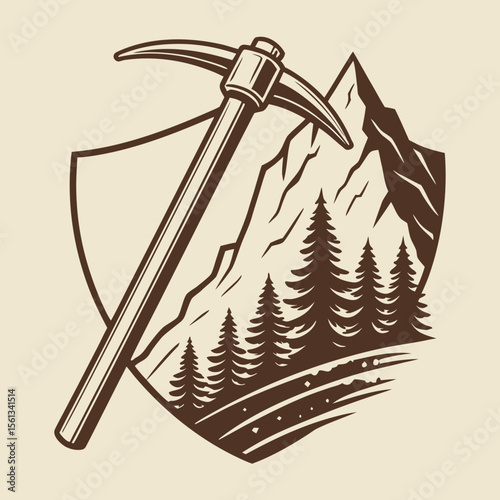 Vintage emblem featuring a pickaxe mountains and pine trees in brown tones