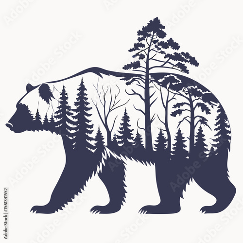 Silhouette of a walking bear filled with a dense forest landscape and trees