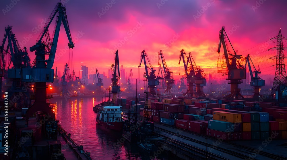 Obraz premium Cargo cranes operate loading containers industrial harbor sunset cityscape reflects water shipping transport nighttime