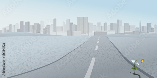 Little white flowers grow in cracks in the concrete road to the metropolis have sunrise sky background graphic illustration.