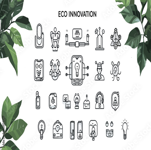 Eco innovation icons arranged on a white surface with green plant leaves on both sides of the frame
