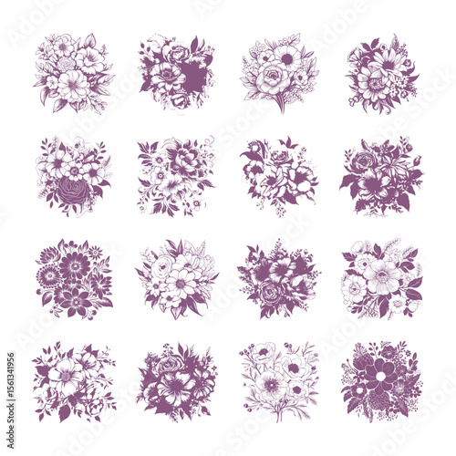 A collection of sixteen monochromatic violet floral illustrations showcasing intricate, detailed designs, perfect for botanical art projects, wallpaper patterns, or digital creative designs with a nat