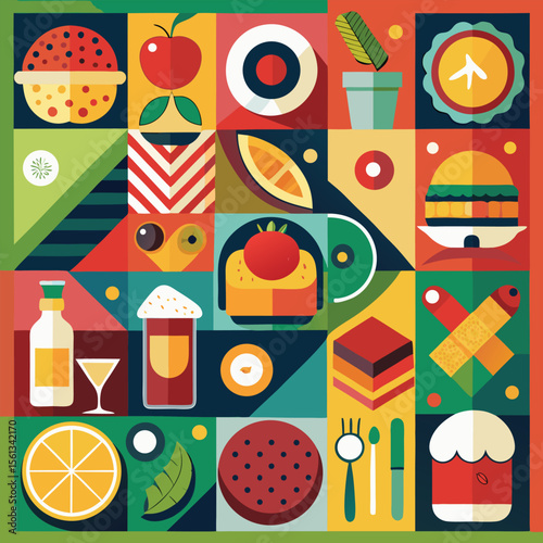 Abstract geometric pattern of farm food. Stylized poster with fruit and vegetables. Agriculture plants in cubism style. Contemporary art of healthy, natural, organic products. Flat vector illustration