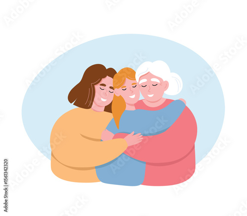 Women of different generations of one family hug each other together. Grandmother, mother, daughter support, care, show love. Vector flat graphics.