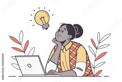 A Moment of Insight: A woman, lost in thought, gazes upward toward a radiant light bulb, representing a spark of genius, her laptop open before her.