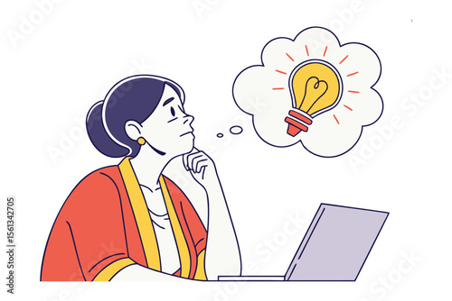 Creative Spark in Contemplation: A woman immersed in thought, her mind alight with a brilliant idea, visualized as a glowing lightbulb floating above a laptop.