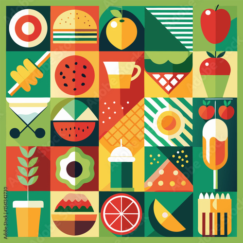 Abstract geometric pattern of farm food. Stylized poster with fruit and vegetables. Agriculture plants in cubism style. Contemporary art of healthy, natural, organic products. Flat vector illustration