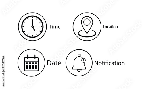 Address time date Bell Notification icons set. Address location icon. Stopwatch timer icon. Date Calendar icon. Black line and flat web icons.