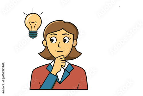 Thinking of Solutions: A woman is lost in thought, a radiant lightbulb above her head, capturing the essence of inspiration, creativity, and innovation.